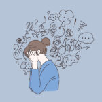 Illustration of a brunette woman with her face in her hands surrounded by squiggles that indicate anxious thoughts from dental anxiety