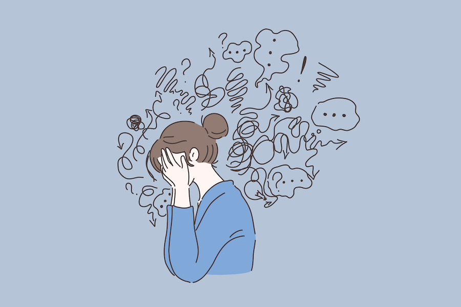 Illustration of a brunette woman with her face in her hands surrounded by squiggles that indicate anxious thoughts from dental anxiety in Bellevue